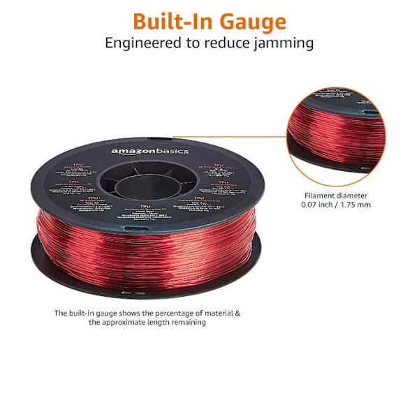 Grundläggande 3D-skrivarkabel - ETPU175R1A - Amazon TPU-filament för 3D-skrivare, 1,75 mm, röd, 1 kg spole