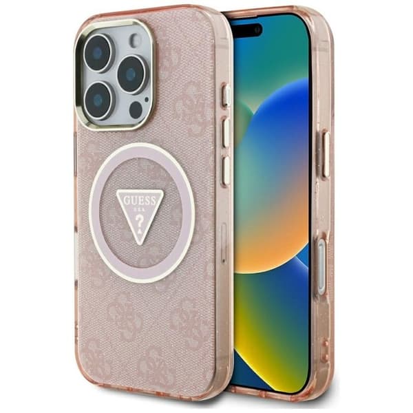 Coque Guess IML Metal Glitter 4G Circle Triangle MagSafe för iPhone 16 Pro Max - Rosa Rosa