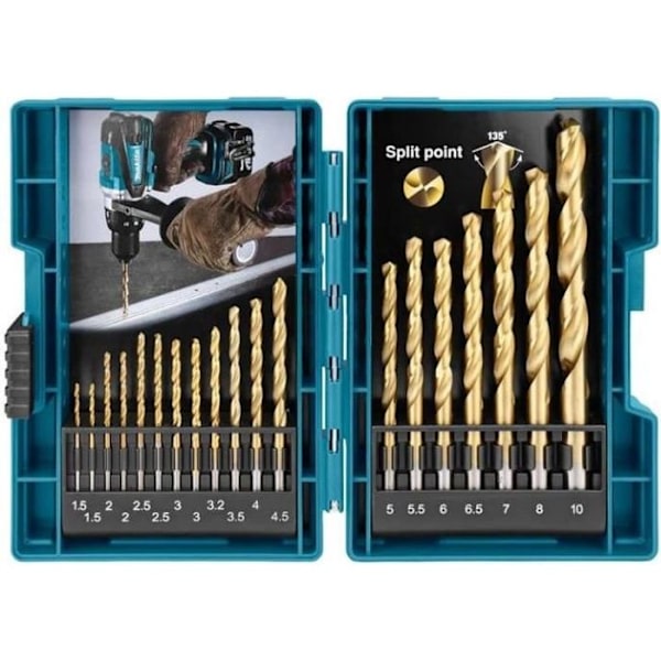 Set med 19 HSS TIN metallborrar 1,5-10 mm - MAKITA - D-67527 - Robust plastlåda