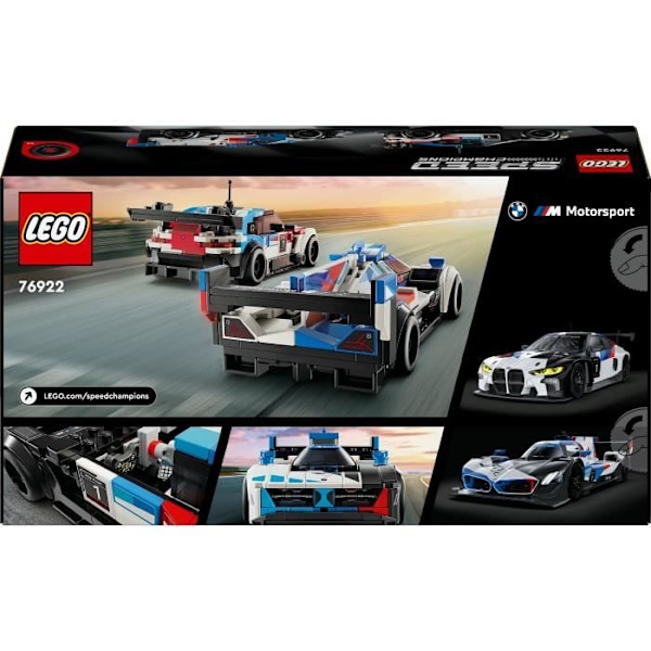 LEGO Speed Champions 76922 BMW M4 GT3 och BMW M Hybrid V8 Racing Cars, presentidé Blå, vit, röd och svart