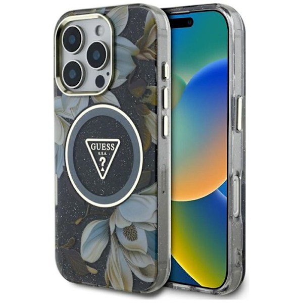 Coque Guess Glitter Blommor Triangelknappar MagSafe för iPhone 16 Pro (svart) svart