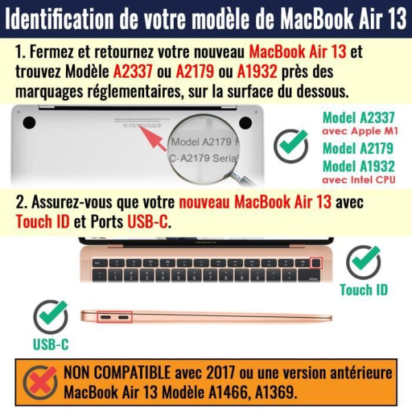 TECOOL MacBook Air 13 tum 2021 2020 2019 2018 A2337(M1) A2179 A1932 Touch ID-fodral, smalt hårt fodral + USB-C-adapter, genomskinlig