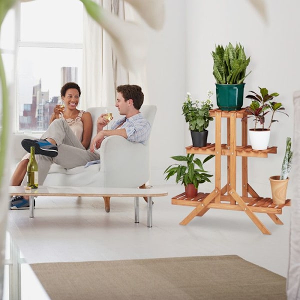 Relaxdays Blommställ i trä, trappa för växter, stege 3 våningar 5 platser HxlxB: 82,5 x 83 x 28,5 cm, mörkbrun mörkbrun