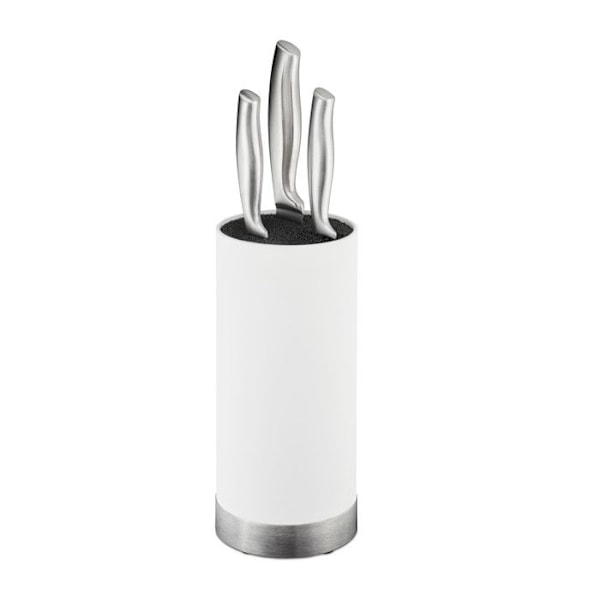 Relaxdays knivställ, runt, knivblock utan innehåll, med insats i plaststänger, H x D 22 x 11 cm, vit vit, svart, silverfärgad