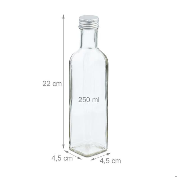 Relaxdays Små glasflaskor, set med 16, flaskor för sprit, oljor, 250 ml, skruvkork, transparent transparent, silver