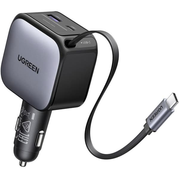 Bil laddare - UGREEN - 60W - USB-A + USB-C - Nedfällbar version - Svart Svart