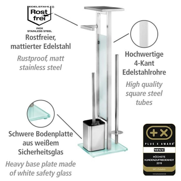 Debar 4in1 WC Caddy, Toalettborste och toalettpappersdispenser med förvaringshylla, Rostfritt stål - härdat glas, 21x70,5x18