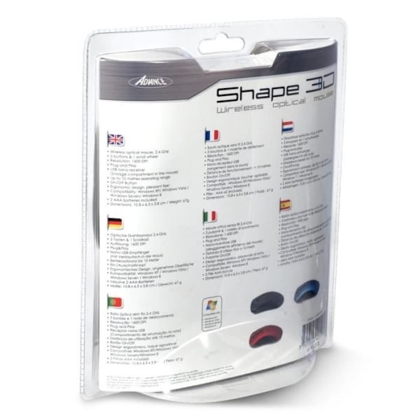 Shape 3D Mouse S-3DW-BK - ADVANCE - Trådlös - Optisk - 3 knappar - 1600 DPI - PC - Svart Svart