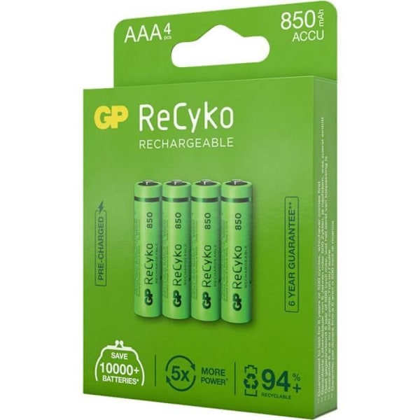 GP Batterier ReCyko+ HR03 12085AAAHCE-C4 NiMH 850 mAh 1,2 V Uppladdningsbart batteri LR3 (AAA) 4 st.