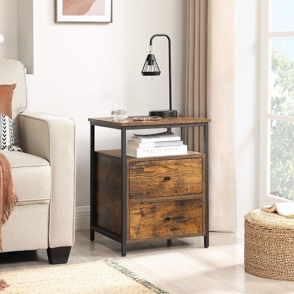 Förvaringsmöbel - OSKAR - LET067B01 - Rustik brun - 2 lådor - Loftstil Rustik kastanjefärg, Svart