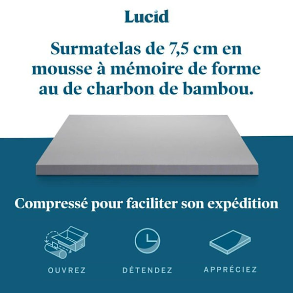 Lucid - LU75142030BT-EU - 7,5 cm Memory Foam Madrass Topper med Bamboo Charcoal - Madrass Topper 140 x 200 cm