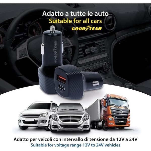 Goodyear bil laddare 2 USB-portar Quick Charge 3.0 och USB-C PD20 W