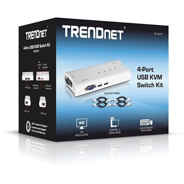 TRENDnet TK-407K KVM 4 USB VGA-portar + 4 kablar