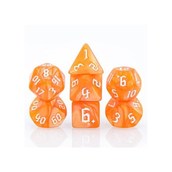 Set med 7 flerformat tärningar i låda - Orange pärlemor