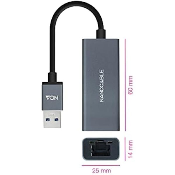 NANOCABLE 10.03.0405 - USB 3.0 till Gigabit Ethernet-omvandlare 10/100/1000 Mbps, aluminium, grå, 15 cm