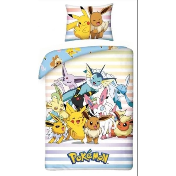 Sängkläder - Pokémon - 140x200 cm - 100% bomull - Tvättbar i 40°C - Barnmönster blått och gult