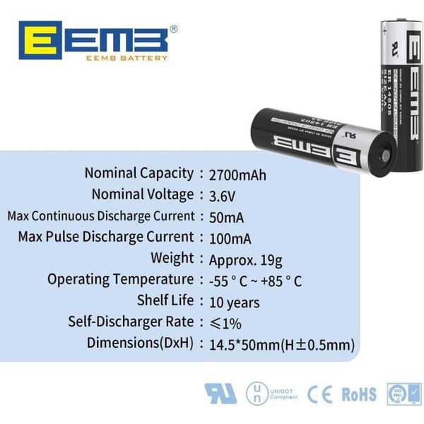 Set med 4 EEMB ER14505 AA Lithium 3,6V 2700mAh batterier