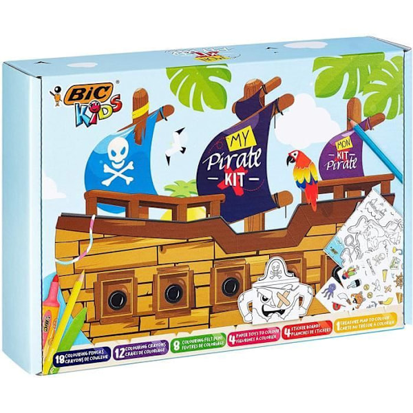 BIC Kids My Pirate: färgpennor och krita, pappersspel, klistermärken, skattkarta - olika färger, paket med 47