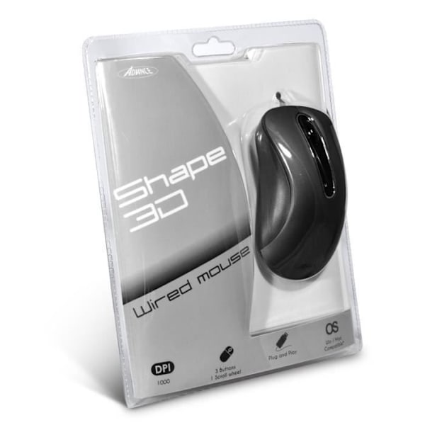 Shape 3D S-3D-BK Mus - ADVANCE - Kabelansluten - Optisk - 3 knappar - 1000 DPI - PC / Mac OS X - Svart