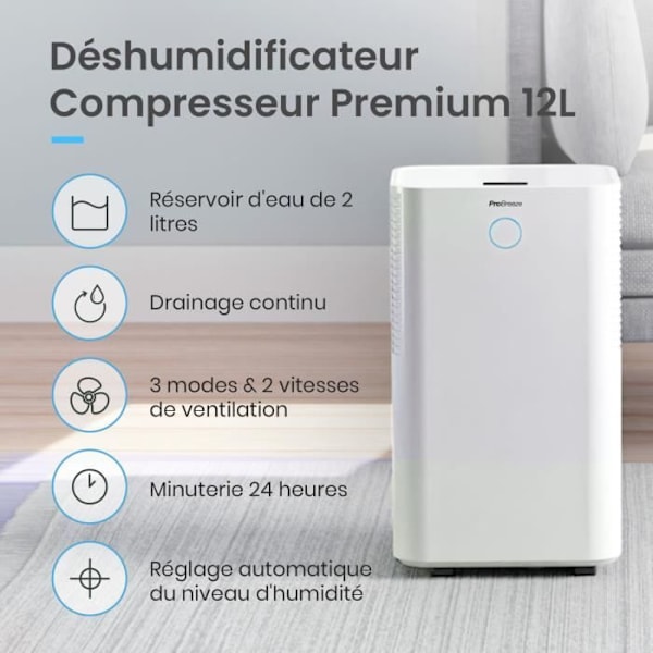 Pro Breeze 12L/Day kompressoravfuktare med automatisk fuktighetssensor, kontinuerlig dränering, nattläge och 24-timmarstimer Vit