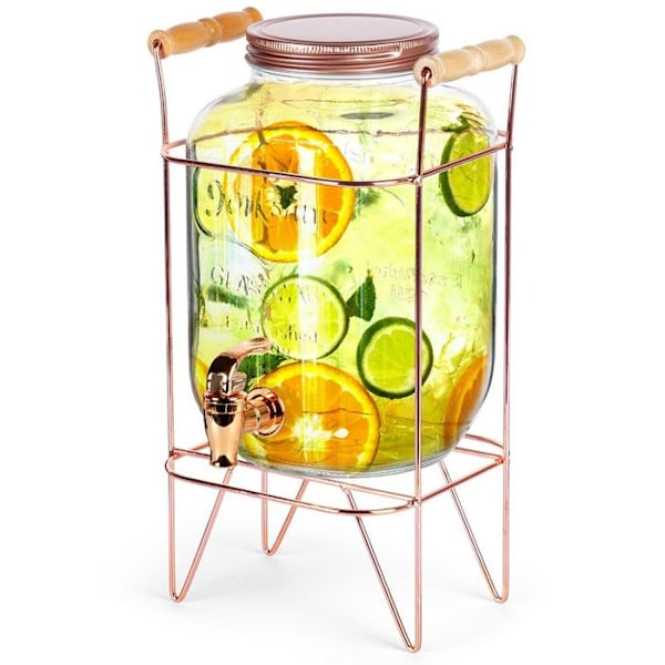 Dryckesdistributör - VILDE - 4,2 L - Tjockt glas - Guldkran - Insektskyddande lock Eller rosa, Transparent