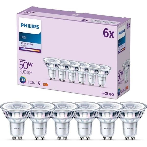 Philips, paket med 6 LED-lampor GU10, 50W, kallvit ej dimbar