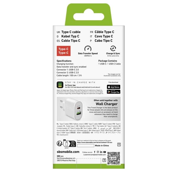 USB-C-kabel - SBS - TECABLETCC10W - 25 W PD - 1 m - Vit