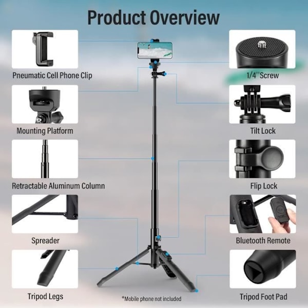 Sirui MS-01K Stativ 138 cm och Selfie-stång för Smartphones och actionkameror