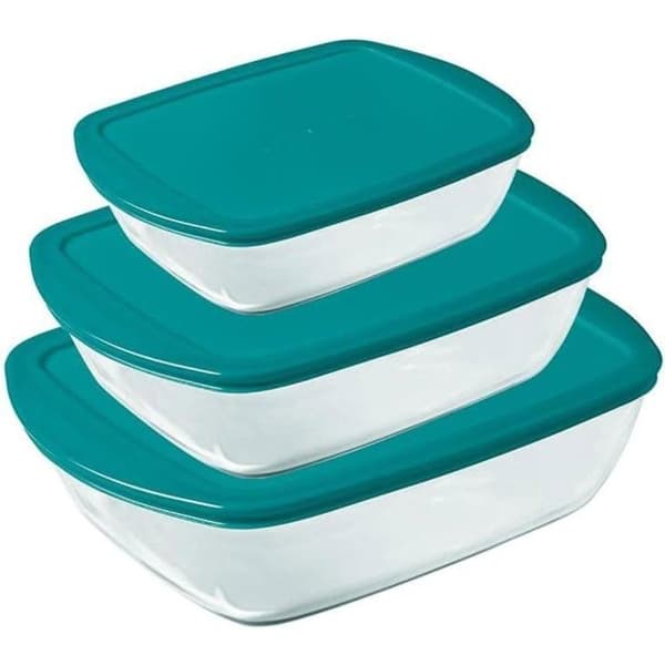 Set med 3 skålar med lock - PYREX - Cook & Store - Glas - Rektangulär - 0,4/1,1/2,5 L klar och blå