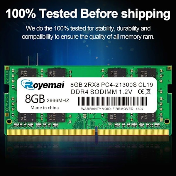 Duomeiqi DDR4 21300S PC4 2666 8GB SODIMM, 8Go DDR4-2666MHz PC4-21300 CL19 2Rx8 1.2V Non-ECC 260 Pin Laptop Minne Modul Ram