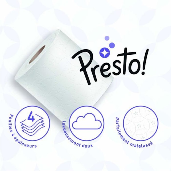 Presto! Märke - 4-lagers toalettpapper - QUILTAT - Paket med 48 (4 x 12x 160 ark) - Mönster: Gem