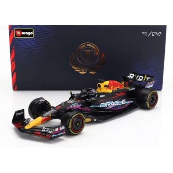 Miniatyrbil Burago 1/24 av Max Verstappen Miami-edition och hans team Oracle RedBull Racing Blå