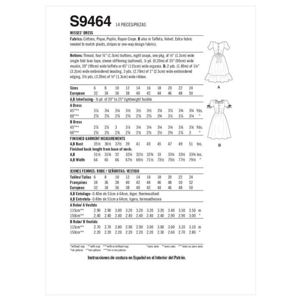 Mönster - Simplicity tutorial - SS9464U5 - Damklänning storlek 44-46-48-52-54