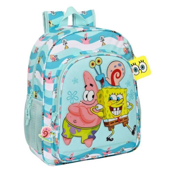 Skolväska - Svampbob - Håll dig positiv - Blåvit - 32x38x12 cm - Ergonomisk stoppning Blå vit
