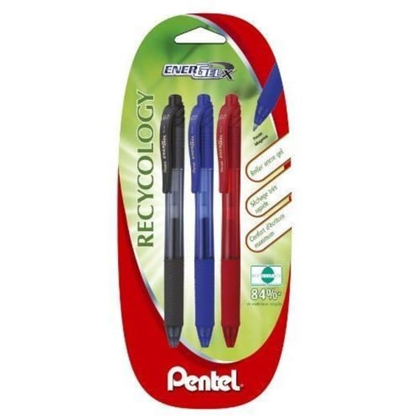 Pentel EnergelX BL107 Gel Rollerball Pen, 0,7 mm spets, svart/blå/röd, 3-pack