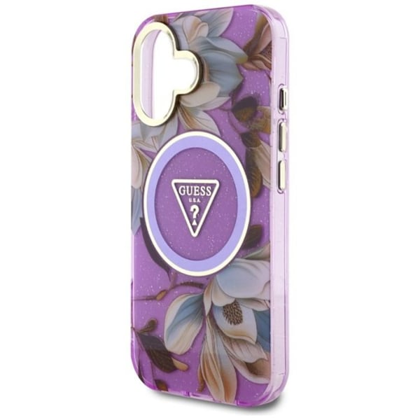 Coque Guess Glitter Flowers Triangle Buttons MagSafe för iPhone 16 (lila) lila