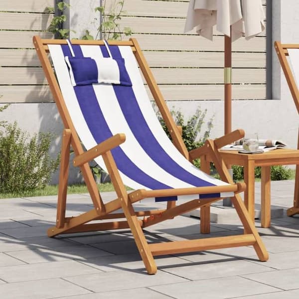 vidaXL Fällbar strandstol blå och vit i eukalyptus/trä, solstol, utomhusstol, utomhusplats, 366563 blå och vit