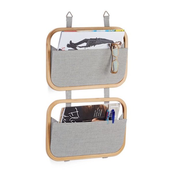 Relaxdays Vägghylla Dörrorganisatör Hängande förvaring Magasinställ Hållare 2 fickor HxBxD: 60 x 40 x 1,5 cm, Natur-Grå ljusbrun, grå