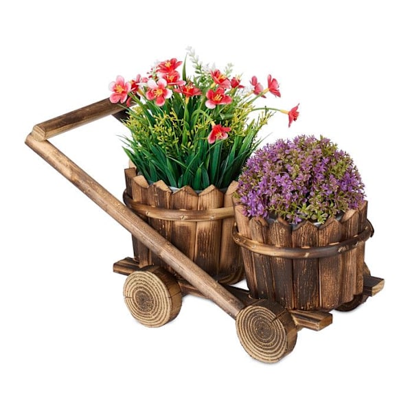 Relaxdays dekorativ kälke med 2 blomkrukor, att plantera direkt, HxLxP: 19x17,5x37 cm, träplanteringslåda, brun brun, genomskinlig