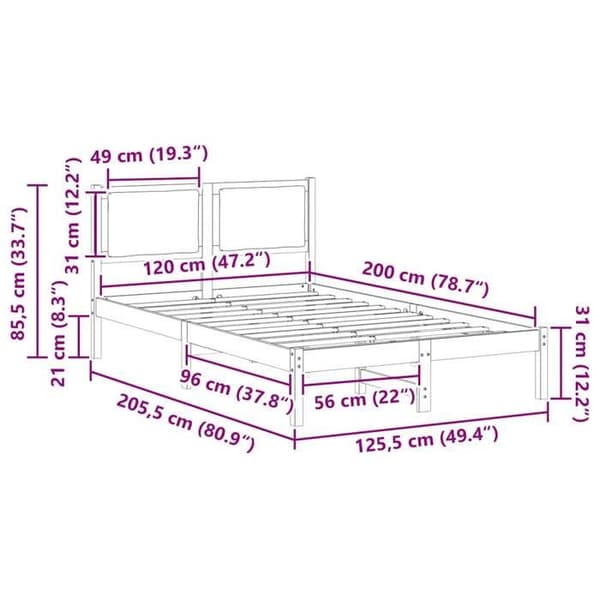 vidaXL Sängram Ljusgrå 120 x 200 cm Massivt trä 878119