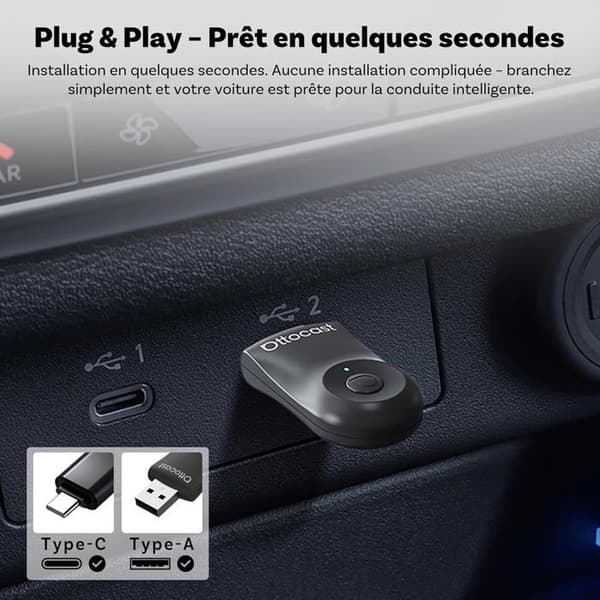 Adaptörer CarPlay & Android Auto - OTTOCAST - Mini - Trådlös - Bluetooth 5.0 - Kompatibel med bilar 2016+