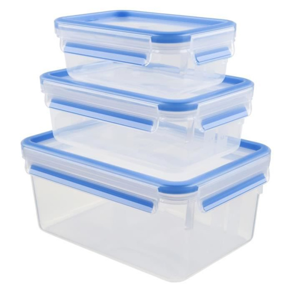 Tefal Masterseal Fresh 3 matförvaringsbehållare 2,30 L + 1 L + 0,55 L, Lufttät, BPA-fri, Mikrovågsugn K3028912 klar och blå