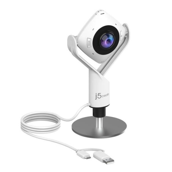 j5create JVCU360 360° webbkamera, 1080p videoinspelningsupplösning, vit och svart