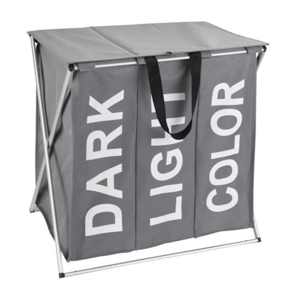 WENKO Tvättkorg 3 fack Trio Top, smutsig tvättkorg med fack, Designinskription, 118L, Polyester - Alu, grå