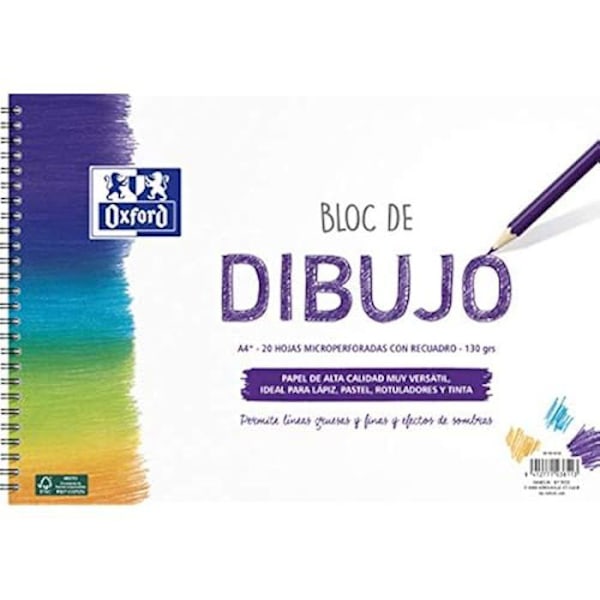 A4+ ritblock - OXFORD - 20 ark 130 g - Mjukt omslag/hård flik - Mångsidigt konstnärligt papper mångfärgad