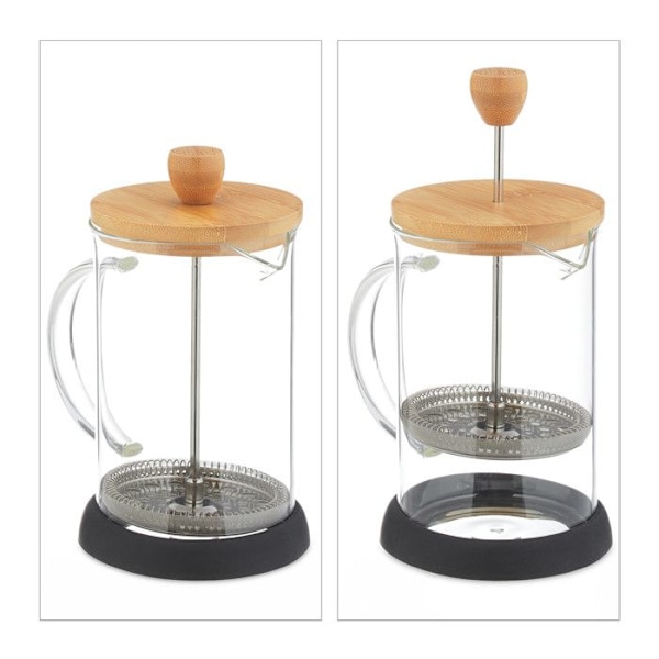 Relaxdays Kaffekanna, manuell kaffemaskin, sil, 800 ml, glassteekanna med bambulock, transparent / natur transparent, ljusbrun, silverfärgad