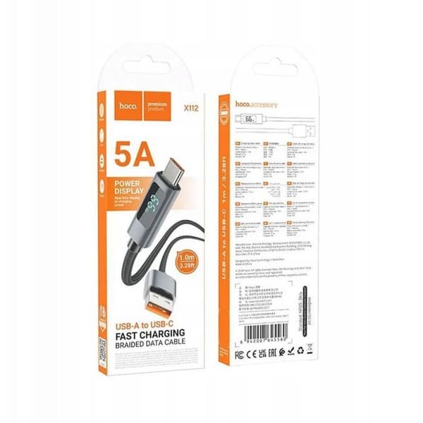 Laddkabel - HOCO - X112 - USB A till USB-C - 5 A - 1 m Svart