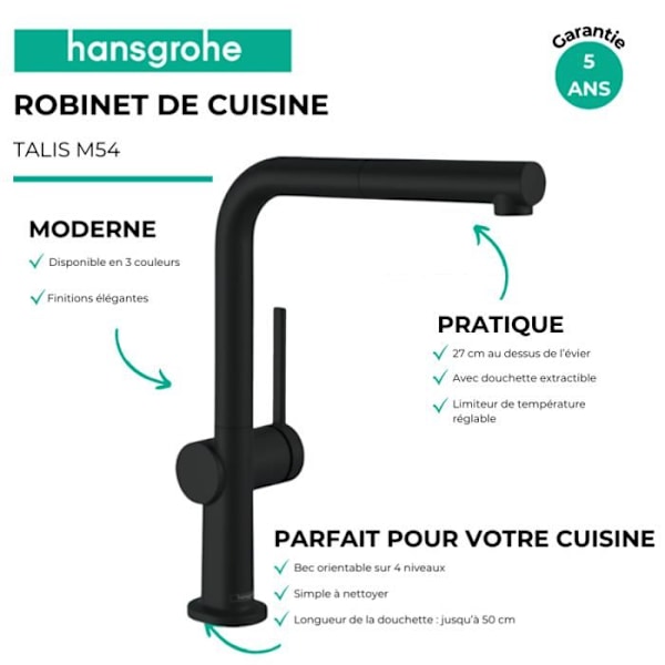 HANSGROHE Talis M54 köksblandare, med utdragbar spray 1 jetmatt svart - 72808670 Matte svart