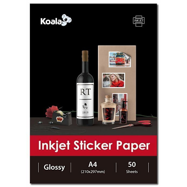 Koala - SG115-A4-50 - Självhäftande bläckstrålefotopapper Gloss White Label utskrift A4 50 ark