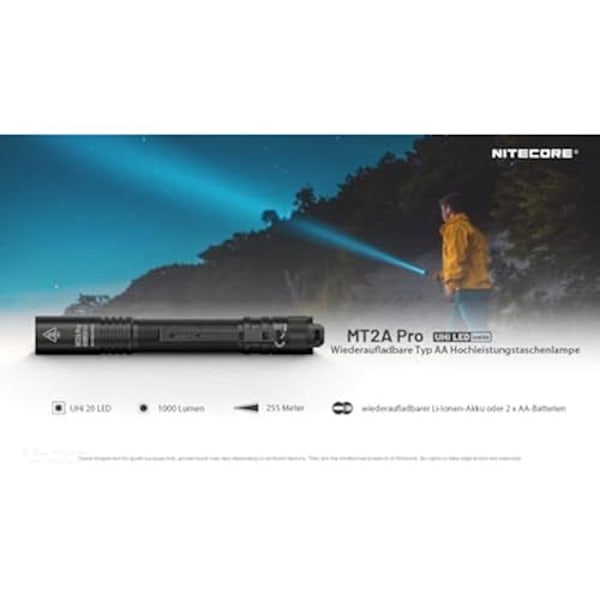 Torche - NITECORE - MT2A Pro - 1000 lumen - Uppladdningsbar - 400 m räckvidd Svart